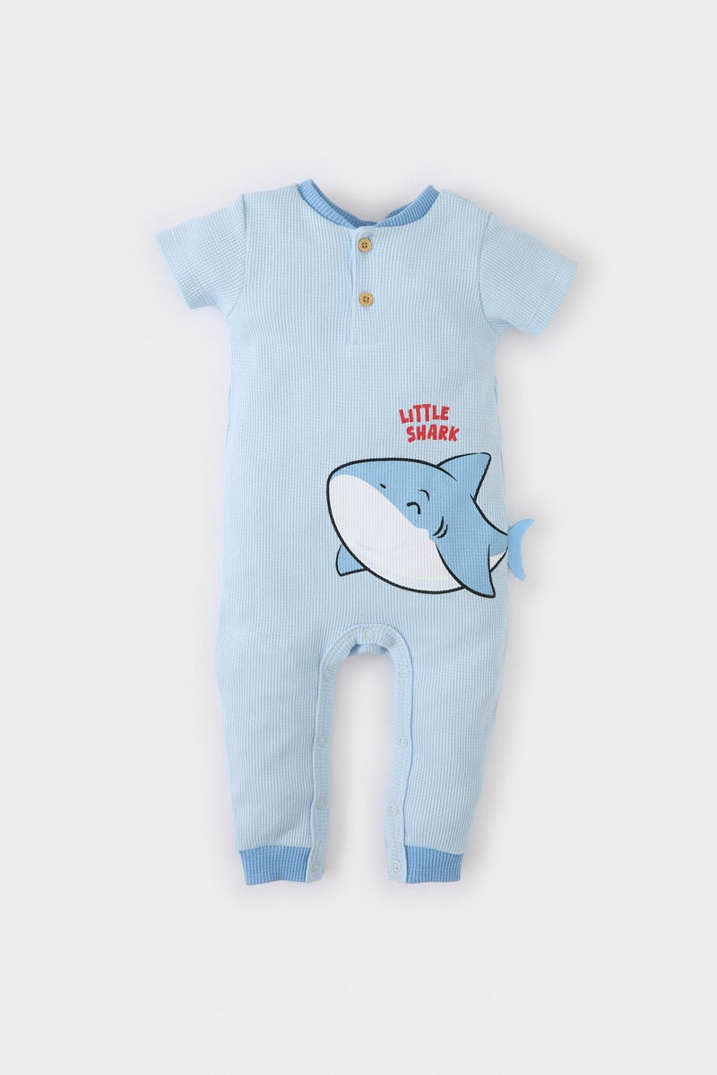 DeFacto Blue BabyBoy Baby Boy Newborn Sea Printed Waffle Jumpsuit Casual - Image 4